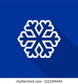 White snowflake outline icon with long shadow on blue background. Vector Illustration EPS 10
