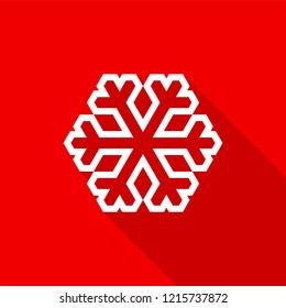 White snowflake outline icon with long shadow on red background. Vector Illustration EPS 10