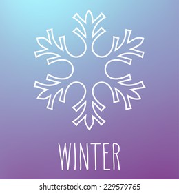 White snowflake over square abstract smooth blur background with hand word 'Winter'.