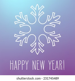 White snowflake over square abstract smooth blur background with hand written New Year greetings.