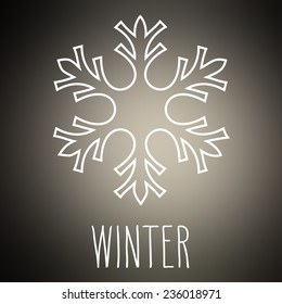 White snowflake over square abstract smooth blur background with hand word 'Winter'.