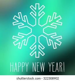 White snowflake over square abstract smooth blur background with hand written New Year greetings.