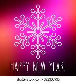 White snowflake over square abstract smooth blur background with hand written New Year greetings.