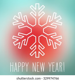 White snowflake over square abstract smooth blur background with hand written New Year greetings.