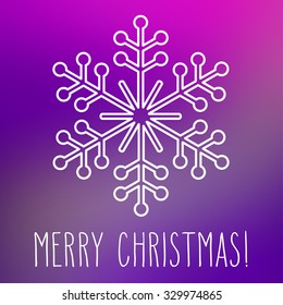 White snowflake over square abstract smooth blur background with hand written Christmas greetings.