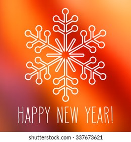 White snowflake over square abstract smooth blur background with hand written New Year greetings.