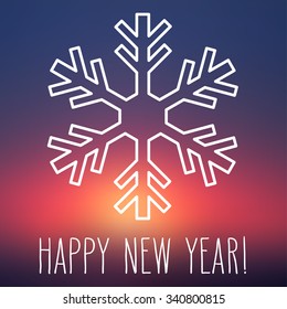 White snowflake over square abstract smooth blur background with hand written New Year greetings.