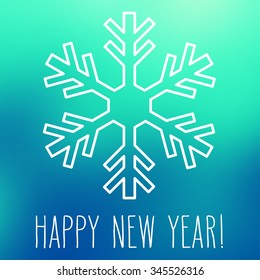 White snowflake over square abstract smooth blur background with hand written New Year greetings.