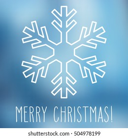 White snowflake over square abstract smooth blur background with hand written Christmas greetings.