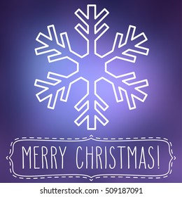 White snowflake over square abstract smooth blur background with hand written Christmas greetings in a frame.