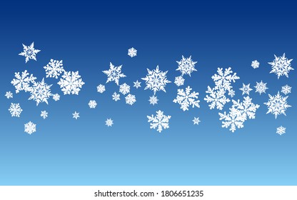 White Snowflake Panoramic Vector Blue Background. Sky Snowfall Card. Gray Winter Backdrop. Light Snow Pattern.