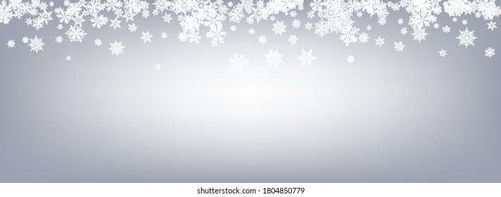 White Snowflake Panoramic Vector Gray Background. Fantasy Snow Design. Gray Falling Illustration. Sky Snowfall Banner.