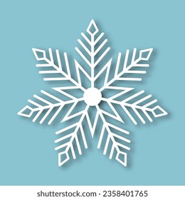 Copo de nieve blanco con efecto de papel sobre un fondo azul para el diseño invernal. Silueta congelada de un copo de nieve, símbolo de Navidad y Año Nuevo. Ilustración vectorial.