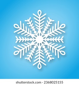 White snowflake with paper effect on a blue background for winter design. Frozen silhouette of a snowflake, a symbol of Christmas and New Year. Vector EPS 10.