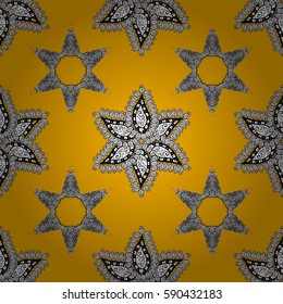 White snowflake seamless pattern. Vector white pattern on yellow background with white element. Abstract wallpaper, wrapping decoration. Winter symbol, Merry Christmas holiday, Happy New Year 2018.