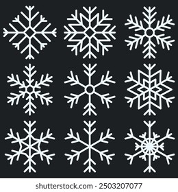 white snowflake set isolated on black, new year and christmas elements, winter 