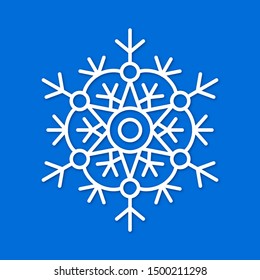 White snowflake with shadow isolated on blue background. Snow element in thin line style for Happy New Year and Merry Christmas holidays decoration. Simple winter season design vector illustration.