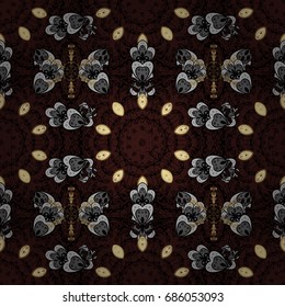 White snowflake simple pattern. Symbol of winter, Merry Christmas holiday, Happy New Year 2018. Vector pattern on dark brown background with element. Abstract wallpaper, wrapping decoration.