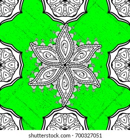 White snowflake simple pattern. Vector white pattern on green background with element. Abstract wallpaper, wrapping decoration. Symbol of winter, Merry Christmas holiday, Happy New Year 2018.