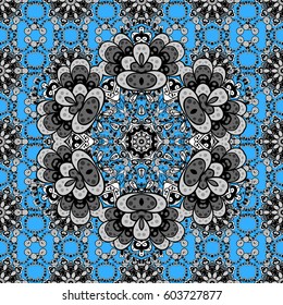 White snowflake simple seamless pattern. Symbol of winter, Merry Christmas holiday, Happy New Year 2018. Vector white pattern on blue background. Abstract wallpaper, wrapping decoration.