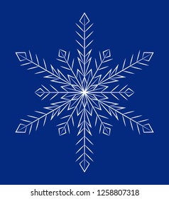 White snowflake with six rays on a dark blue background. Vector isolated image.