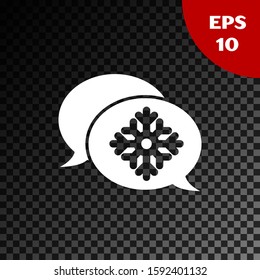 White Snowflake with speech bubble icon isolated on transparent dark background. Merry Christmas and Happy New Year.  Vector Illustration