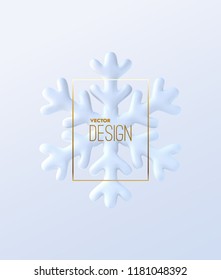 White snowflake. Vector 3d illustration of snowflake shape with golden frame. New Year or Christmas decoration element. Realistic holiday ornament.