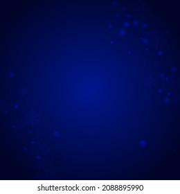Fondo azul del vector de copo de nieve blanco. Diseño de puntos de navidad plateados. Cartel de la nieve de Navidad. Bokeh Confetti Backdrop.