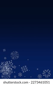 White Snowflake Vector Blue Background. Abstract Snow Card. Silver Winter Pattern. Light Snowfall Illustration.
