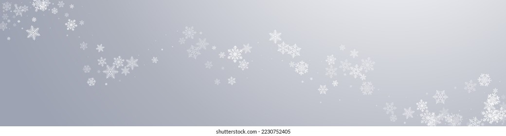 White Snowflake Vector Gray Panoramic Background. Abstract Gray Snowfall Backdrop. Snow Xmas Design.