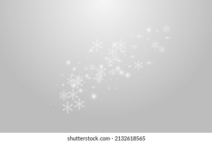 White Snowflake Vector Grey Background. Grey Glow Snowstorm Texture. Winter Snowfall Postcard. Falling Flake Pattern.