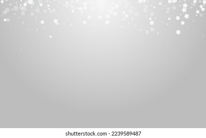 White Snowflake Vector Grey Background. Overlay Magic Flake Card. Chrismas Confetti Banner. Minimal Stars Design.