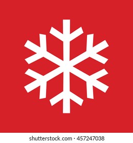 White snowflake vector icon. Red background