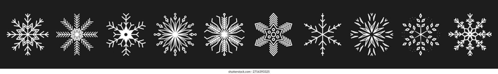 White Snowflake Vector Icons and Winter Snow Crystals and Elegant Christmas Line Art Elements for Holiday Greetings.