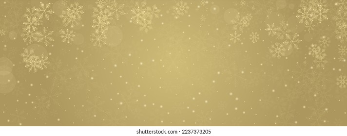 White Snowflake Vector Panoramic Gold Background. Christmas Snowfall Design. Golg Sky Holiday. Light Snow Illustration.
