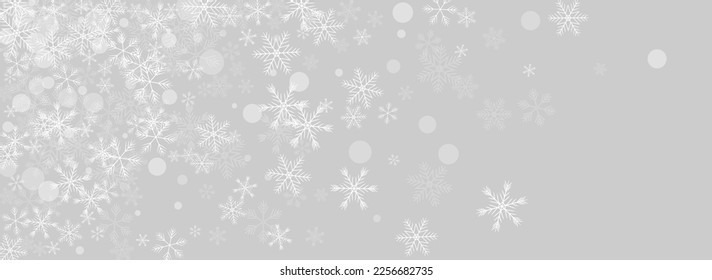 White Snowflake Vector Panoramic Grey Background. Holiday Snow Holiday. Silver New Banner. Winter Snowfall Pattern.