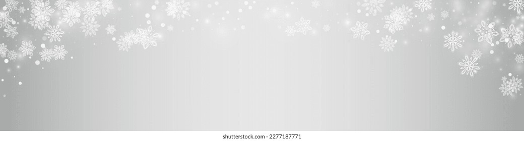 White Snowflake Vector Silver Panoramic Background. Falling Blizzard Banner. Gray Magic Transparent. Xmas Snowfall Illustration.