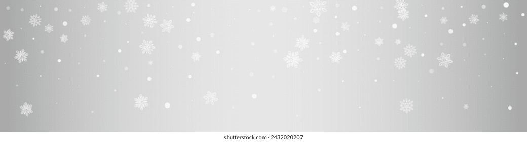 White Snowflake Vector Silver Panoramic Background. Magic Snow Wallpaper. Light Christmas Card. Fantasy Blizzard Design.