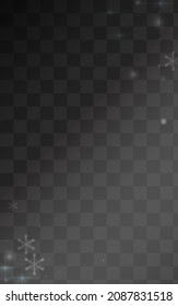 White Snowflake Vector Transparent Background. Winter Snow Backdrop. Gray Holiday Illustration. Light Snowfall Texture.
