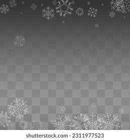 White Snowflake Vector Transparent Background. Xmas Snow Backdrop. Gray Fantasy Card. Winter Snowfall Banner.