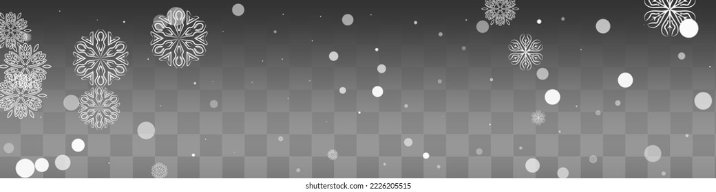 White Snowflake Vector Transparent Panoramic Background. Sky Snow Texture. Gray Falling Wallpaper. Winter Snowfall Card.