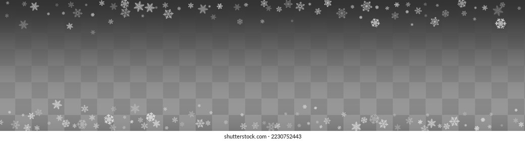 White Snowflake Vector Transparent Panoramic Background. Winter Silver Snow Design. Snowfall Light Banner.