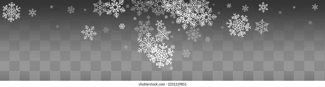 White Snowflake Vector Transparent Panoramic Background. Winter Gray Snow Design. Snowfall Falling Wallpaper.