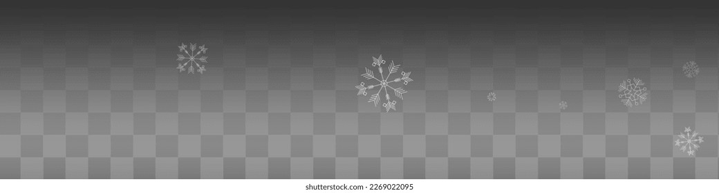 White Snowflake Vector Transparent Panoramic Background. magic Snow Banner. Silver Sky Card. Christmas Snowfall Backdrop.