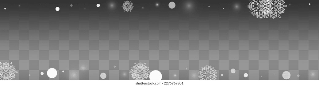 White Snowflake Vector Transparent Panoramic Background. Holiday Snowfall Wallpaper. Silver Abstract Texture. Xmas Snow Holiday.