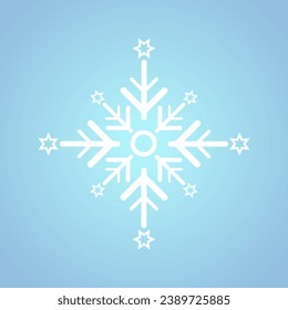A white snowflake for winter, spring and Christmas elements on isolated blue background, white geometric minimalist snowflake element and icon