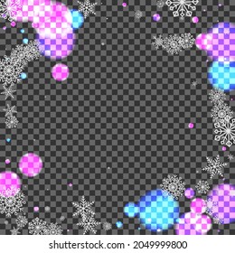 Vector transparente de fondo con copos de nieve blancos. Marco de resumen de círculo. Hielo plateado. Blue Flakes Winter. Ilustración de Glitz.