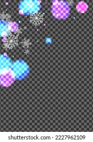 White Snowflakes Background Transparent Vector. Flakes Glitter Illustration. Gray January. Purple Glare Light. Overlay Design.
