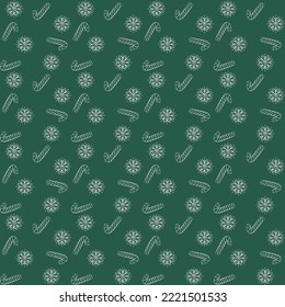 white snowflakes and caramel canes on a green background, Christmas and New Year seamless pattern, vector