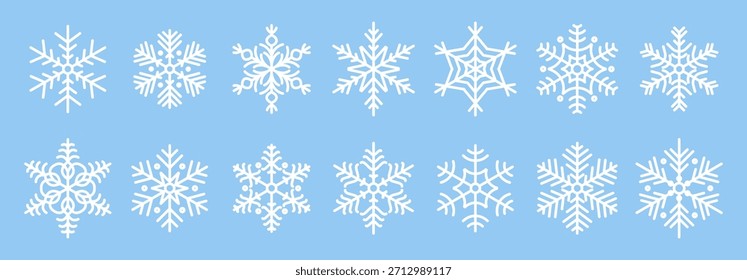 White Snowflakes-Kollektion. Lineare Schneeflocken Symbolsatz. Schnee, Weihnachten, Frost, Neujahr, Winterzeichen. Vektorgrafik einzeln auf blauem Hintergrund